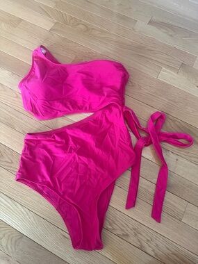 Hot Pink One-Shoulder High-Waisted Cutout Tie-Side One-Piece Swimsuit